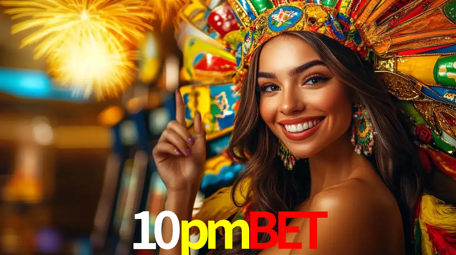 Mulher sorridente com um cocar de carnaval vibrante e colorido, celebrando uma grande vitória nos jogos do cassino 10pmbet com fogos de artifício ao fundo.