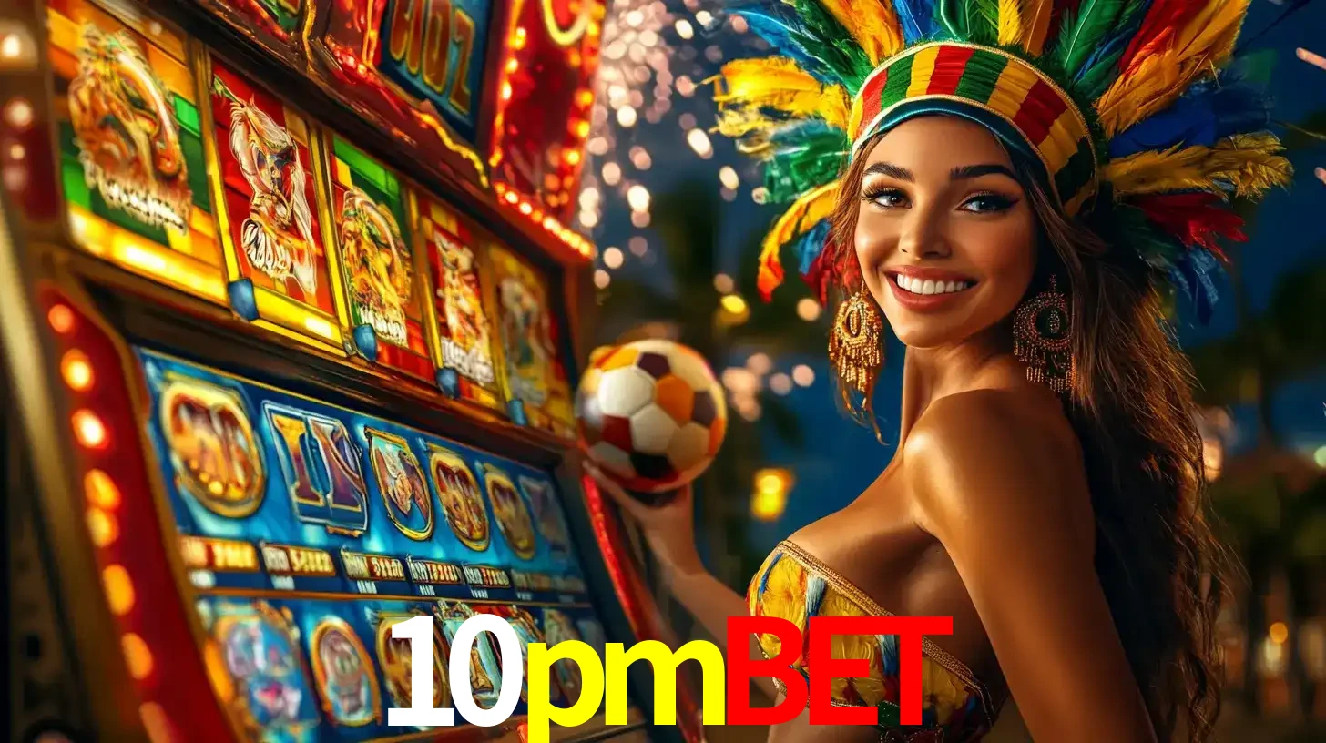 Mulher com um cocar de carnaval ao lado de uma máquina de caça-níqueis enquanto segura uma bola de futebol, mostrando a união da diversão de cassino e esportes no 10pmbet.