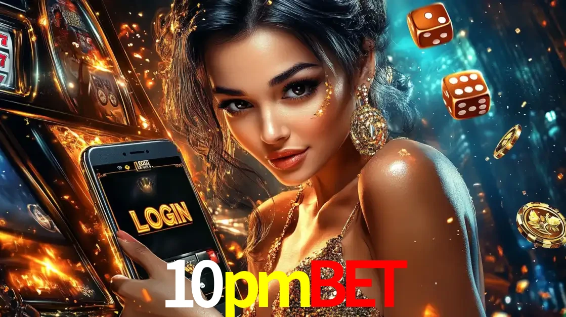 Mulher glamourosa segurando um celular com a tela de login do cassino 10pmbet, rodeada por dados e moedas douradas, pronta para começar a diversão.
