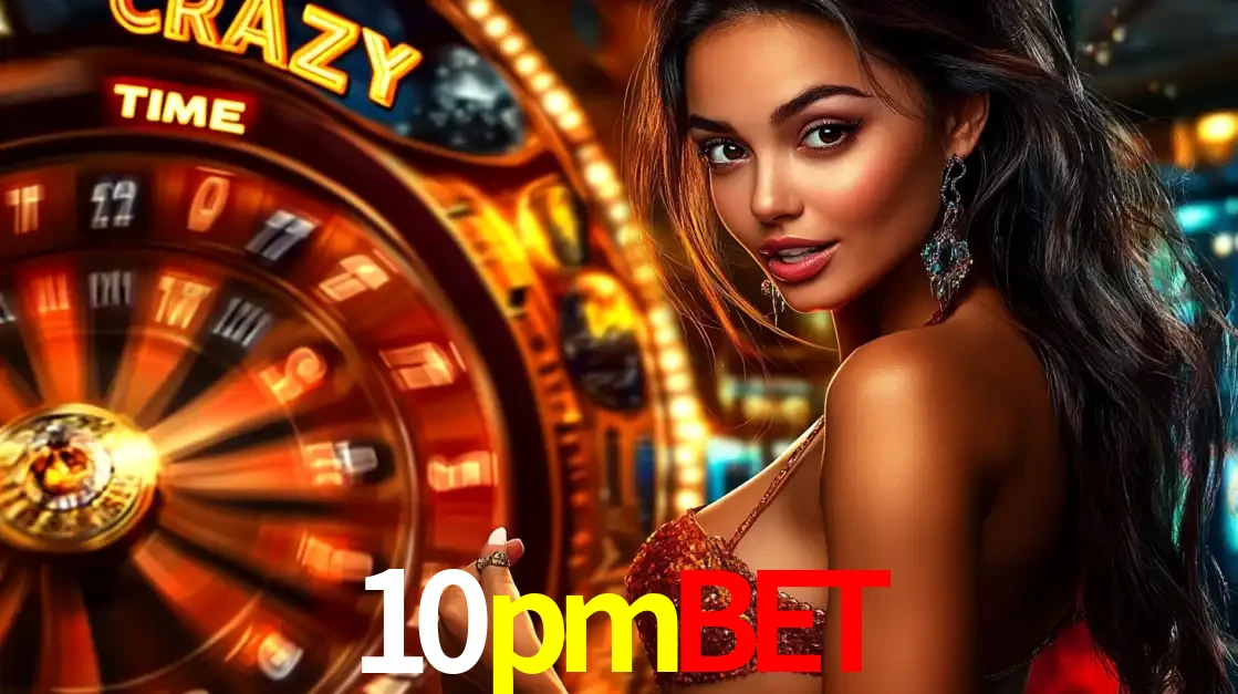 Mulher ao lado da roda de prêmios do jogo de cassino ao vivo Crazy Time, um dos shows de jogos mais emocionantes oferecidos pela plataforma de apostas 10pmbet.