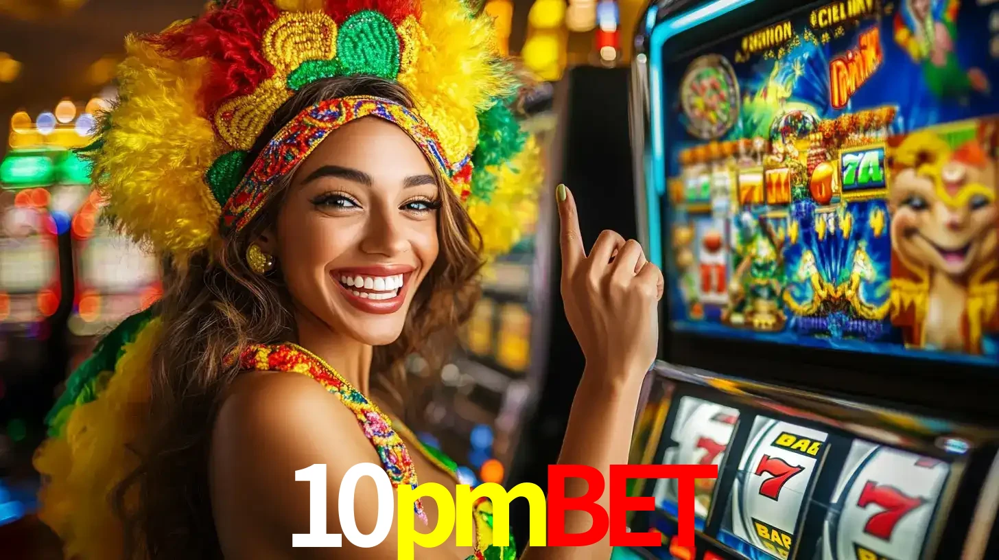 Mulher animada com um cocar de carnaval apontando para uma máquina de caça-níqueis, mostrando a emoção de ganhar um grande prêmio nos jogos do 10pmbet.