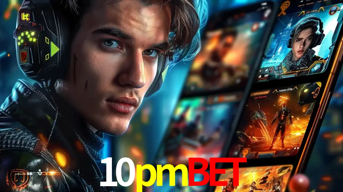 Jovem jogador com fones de ouvido olhando para a câmera, com um aplicativo de jogos e e-sports para celular ao fundo, pronto para a competição e apostas no 10pmbet.