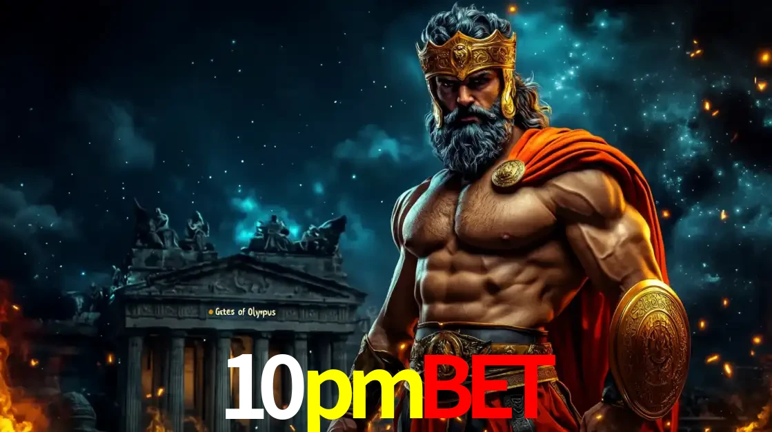 O poderoso Zeus do jogo de slot Gates of Olympus em frente ao seu templo, pronto para lançar multiplicadores divinos e prêmios épicos no cassino online 10pmbet.