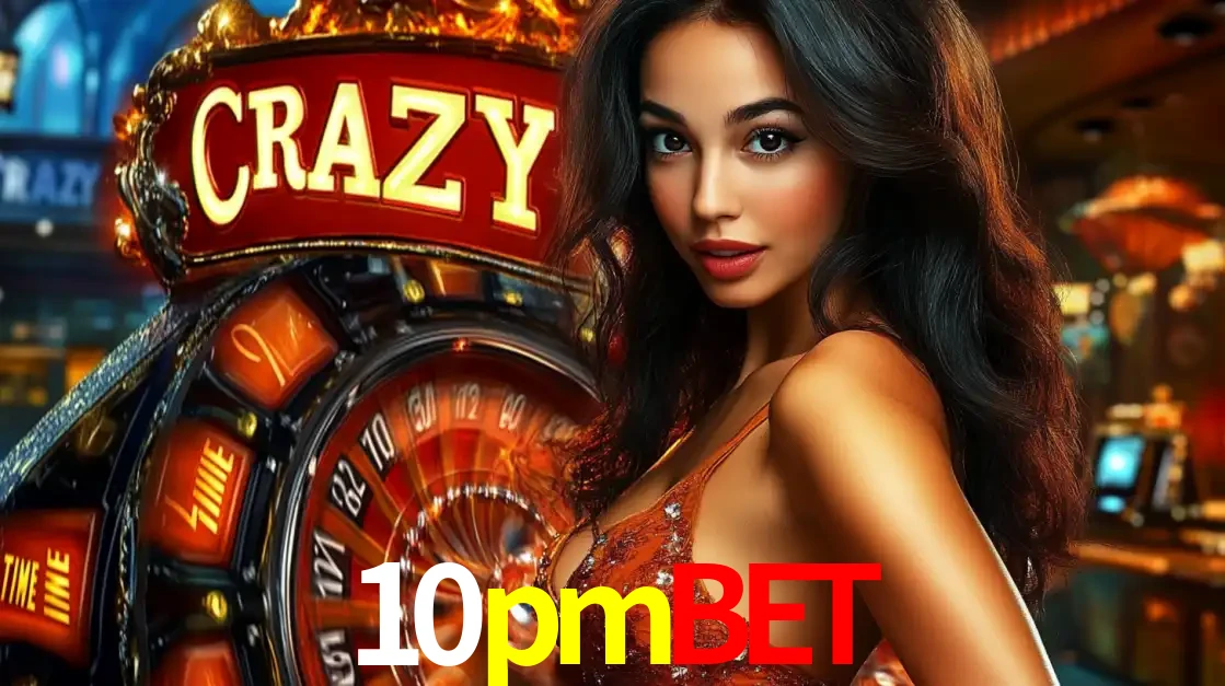 Mulher glamourosa olhando para a câmera com a roda vermelha do Crazy Time ao fundo em um ambiente de cassino, destacando a emoção dos jogos ao vivo no 10pmbet.