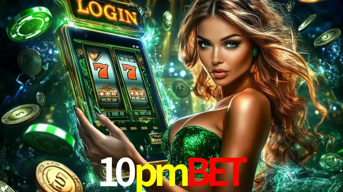 Mulher com tema verde apresentando o aplicativo do cassino 10pmbet com um jogo de slot de 777, cercada por fichas de cassino e uma aura de sorte.