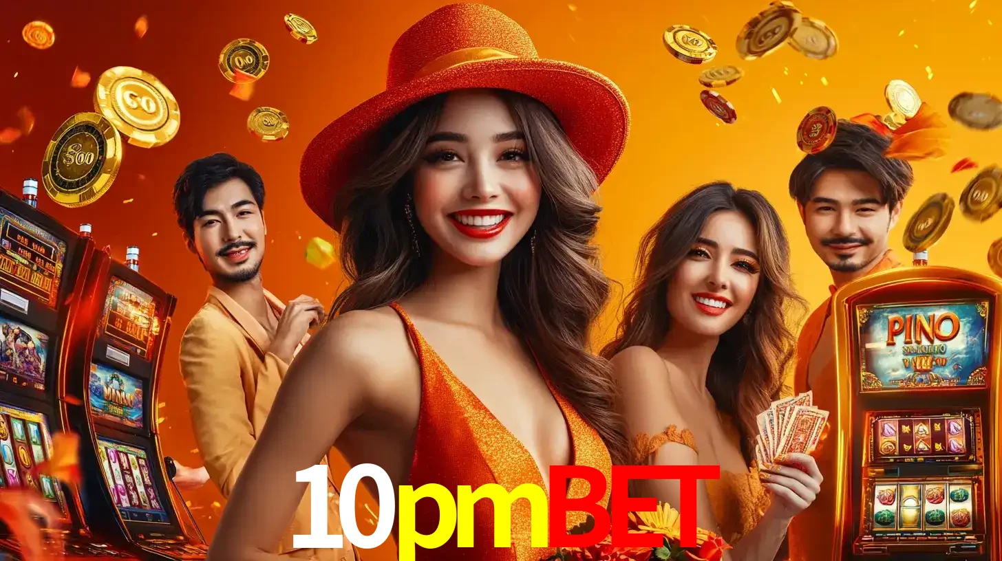 Grupo de amigos asiáticos sorrindo e se divertindo com máquinas de caça-níqueis em um ambiente festivo, celebrando suas vitórias nos jogos de cassino do 10pmbet.