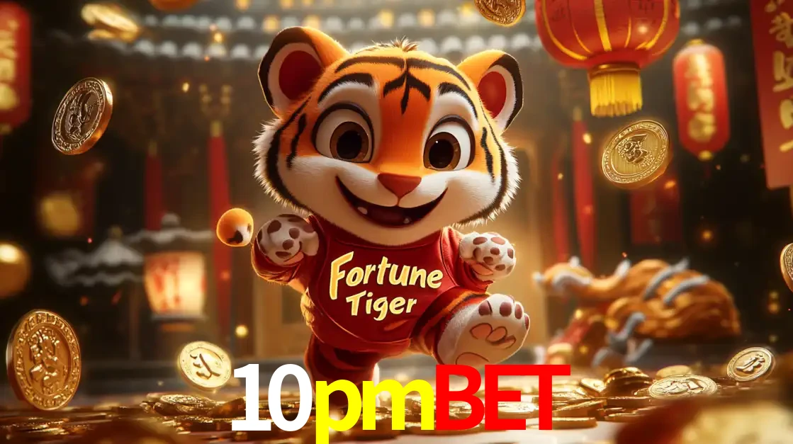 O alegre personagem do Fortune Tiger correndo sobre um caminho de moedas de ouro, simbolizando os grandes prêmios e a diversão do popular jogo de slot do 10pmbet.