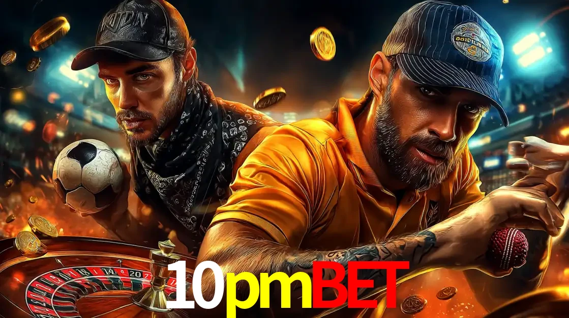 Montagem de apostas esportivas e cassino no 10pmbet, com um homem segurando uma bola de futebol e outro uma de beisebol sobre uma roleta e moedas voadoras.