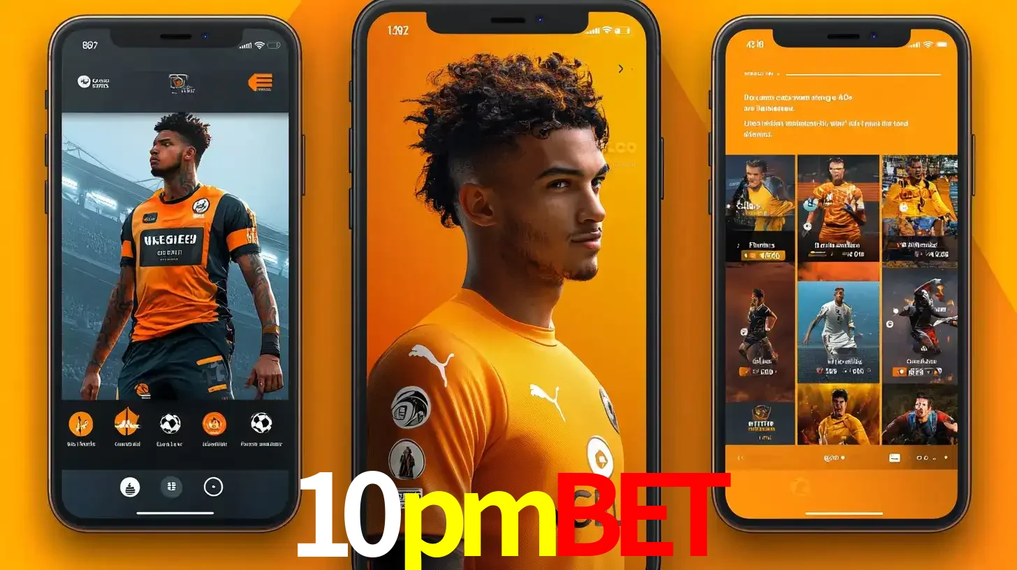 Interface do aplicativo de apostas esportivas 10pmbet em três telas de celular, mostrando o perfil de um jogador de futebol e a lista de jogos disponíveis para apostar.