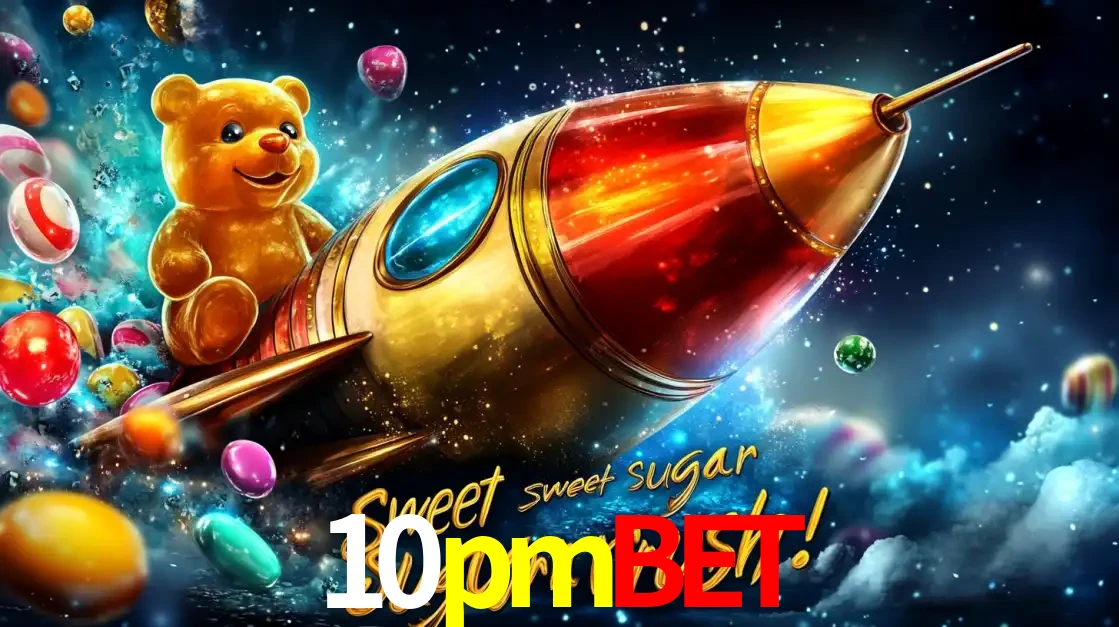 Arte promocional do jogo de slot Sugar Rush, com um urso de pelúcia em um foguete viajando pelo espaço de doces, um dos jogos divertidos disponíveis no cassino 10pmbet.