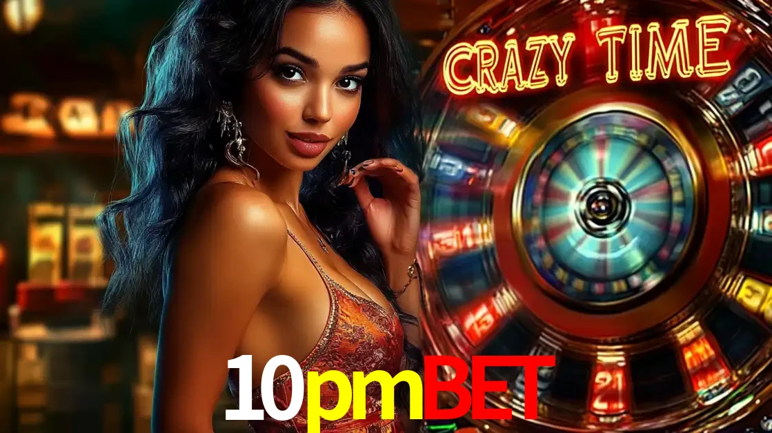 Mulher elegante ao lado da vibrante roda da fortuna do jogo de cassino ao vivo Crazy Time, um dos game shows mais populares e cheios de prêmios do 10pmbet.
