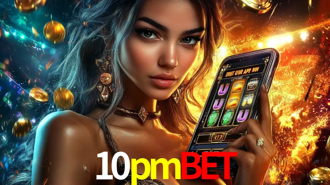 Mulher elegante mostrando um jogo de caça-níqueis em seu smartphone, destacando a experiência de cassino móvel oferecida pelo aplicativo 10pmbet.