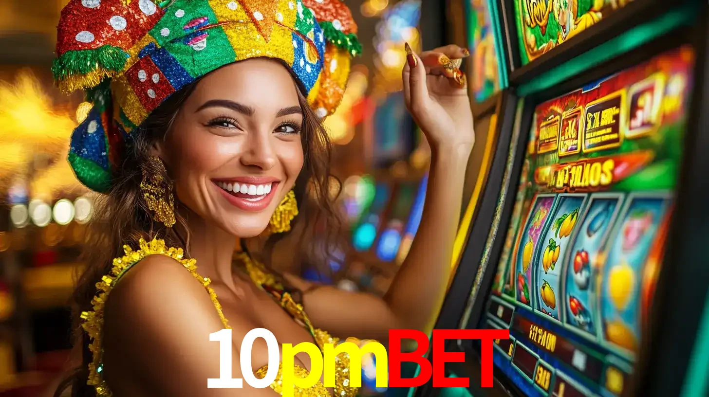 Mulher feliz com traje de carnaval amarelo e colorido ao lado de uma máquina de caça-níqueis, aproveitando a diversão e os jogos temáticos do cassino 10pmbet.