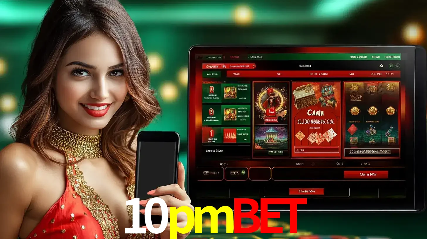 Mulher sorridente segurando um smartphone, ao lado de uma tela exibindo o lobby de jogos do cassino online 10pmbet, com várias opções de jogos de cartas e slots.